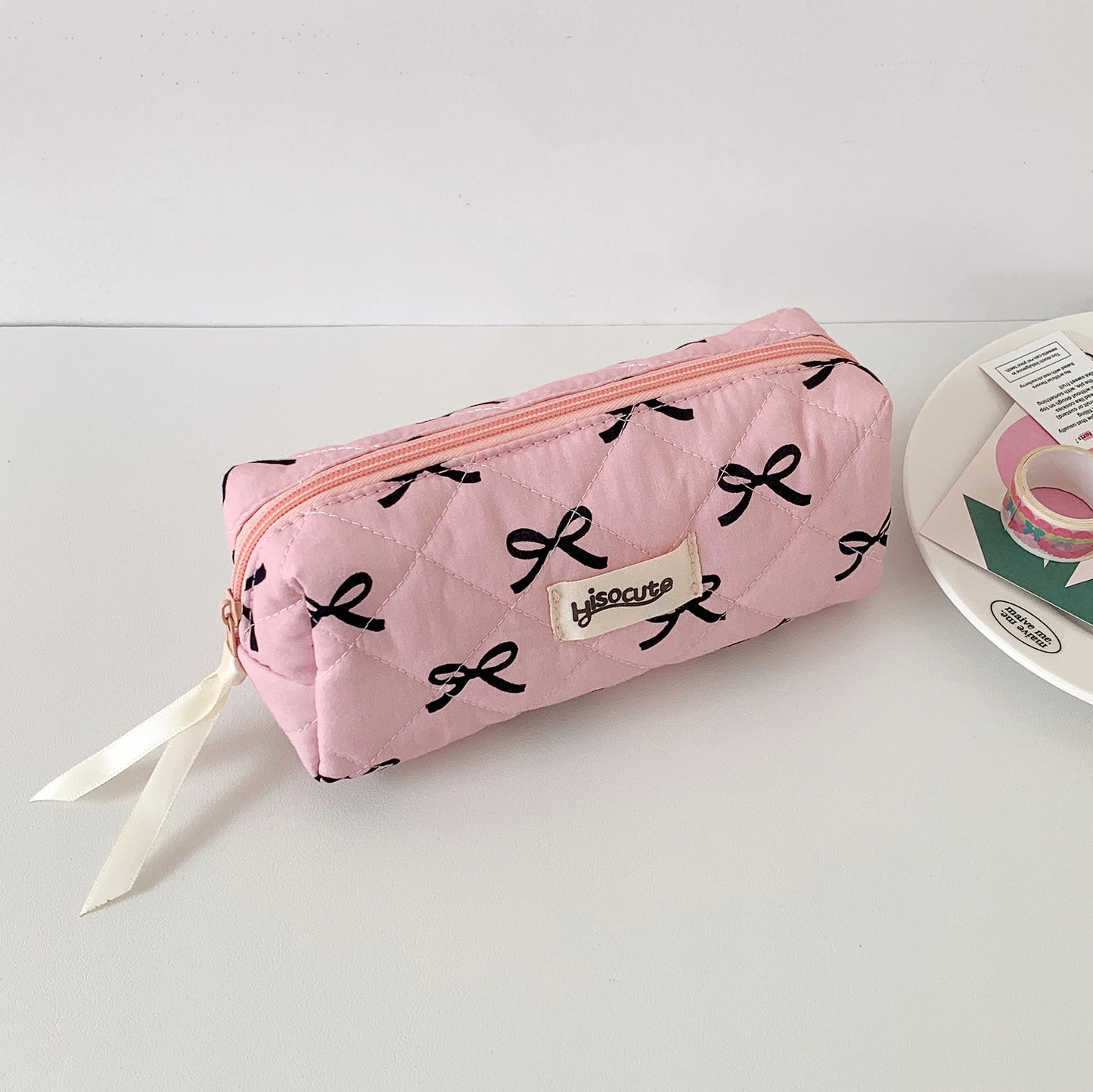 Sweet Girl Pencil Pouch Bow Ribbon Decoration Fabric Pencil Pouch School Stationery Organizer Kawaii Pencil Bag