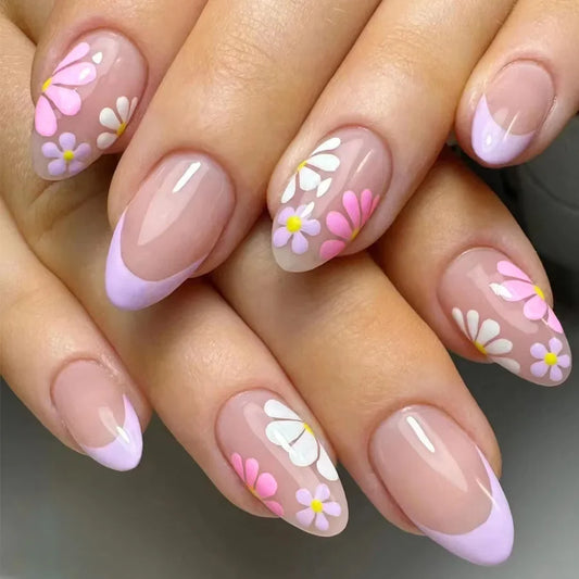 24pcs Pink Almond Short Press-On Nails Acrylic French Nail Sticker Flower Design Glossy Full Cover Artificial Nails Tips