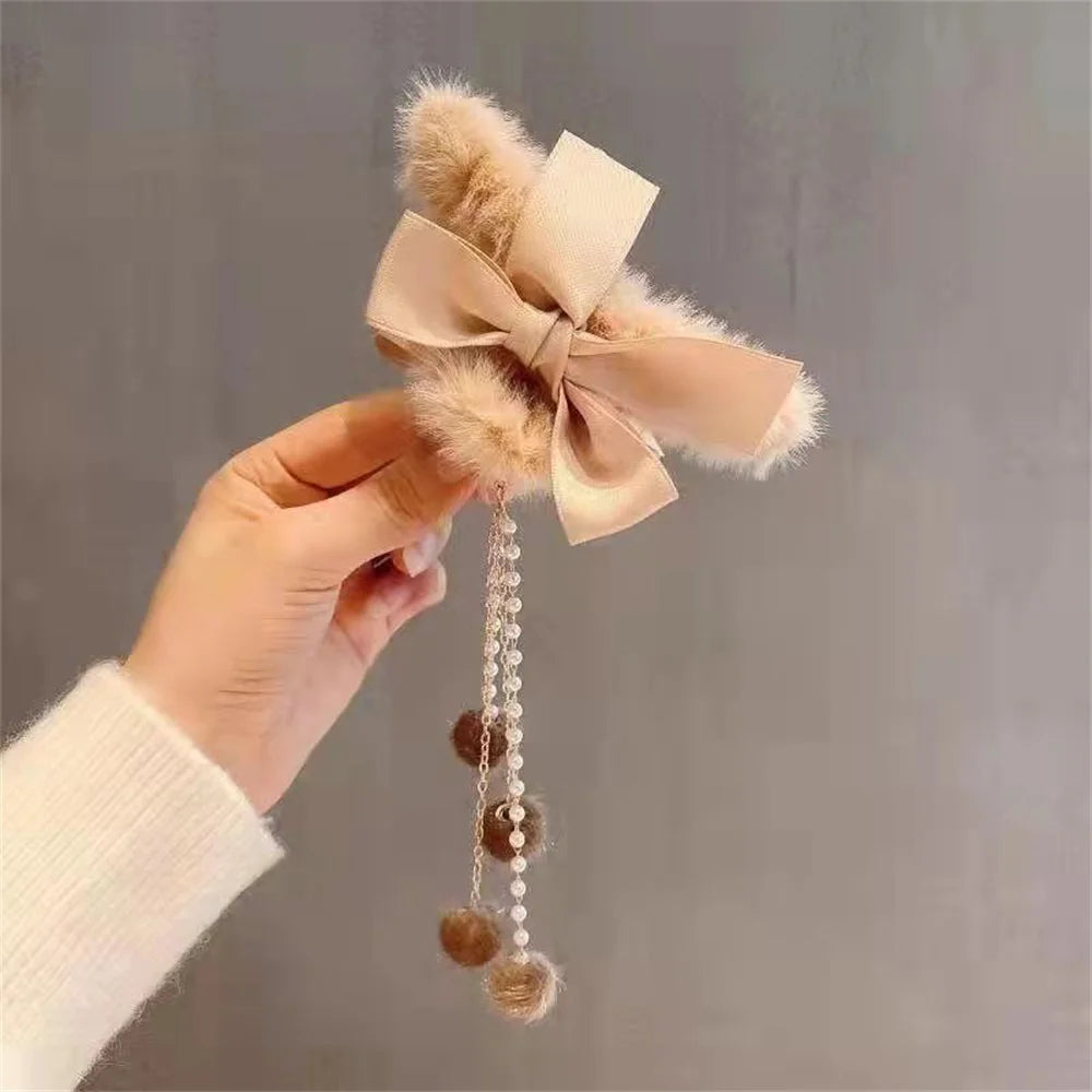 Furry Hair Claw Big Bow Hair Clips Banana Jaw Clips Pearl Tassel Hair Clips Strong Hold Hair Claw Clips Fashion Hair Accessories