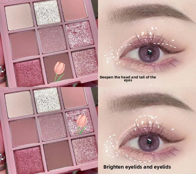 9 Color Eyeshadow Palette Rose Pink Earth Color Pearly Matte Milk Tea Glitter Eye Shadow Makeup Lasting Korean Cosmetic Set