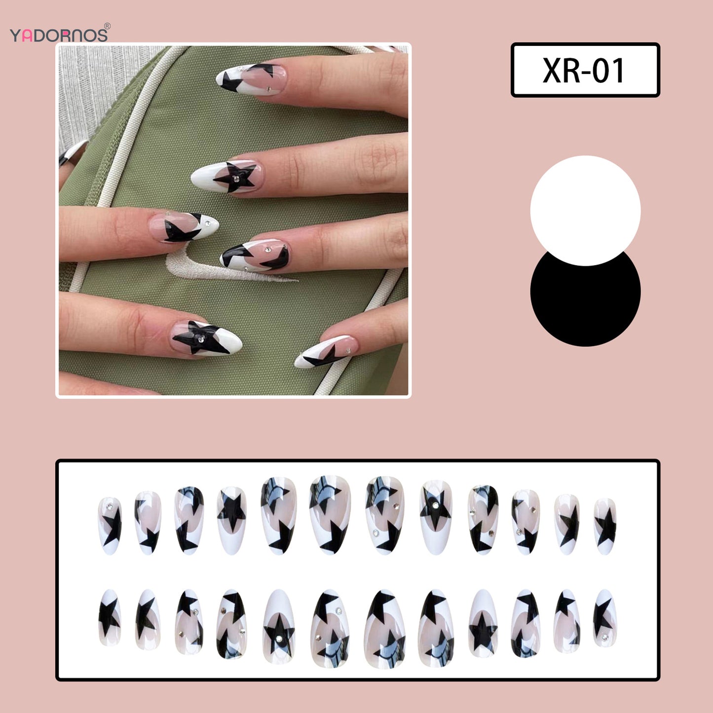 French White Tips Almond False Nails Y2K Black Star Designs Charm Fake Nail Full Cover Ballet Press on Nails Artificial Manicure