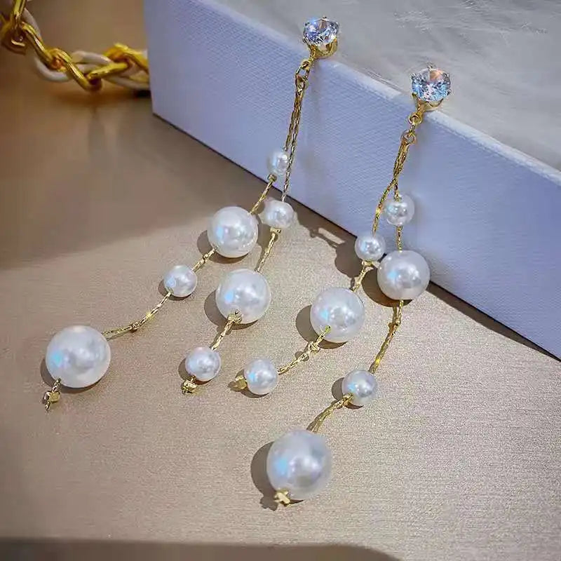 Long Earrings Elegant Pearl Tassel Earrings for Women Crystal Drop Earrings Korean Fashion Dangle Earrings Wedding Party Jewelry