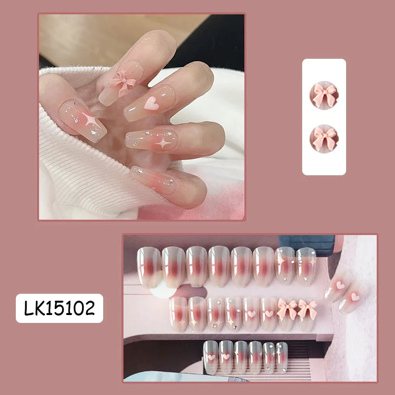 Pink Fake Nails Press on Nail Designs Art Long Tips False Forms with Glue Stick Stickers Reusable Set Acrylic Artificial