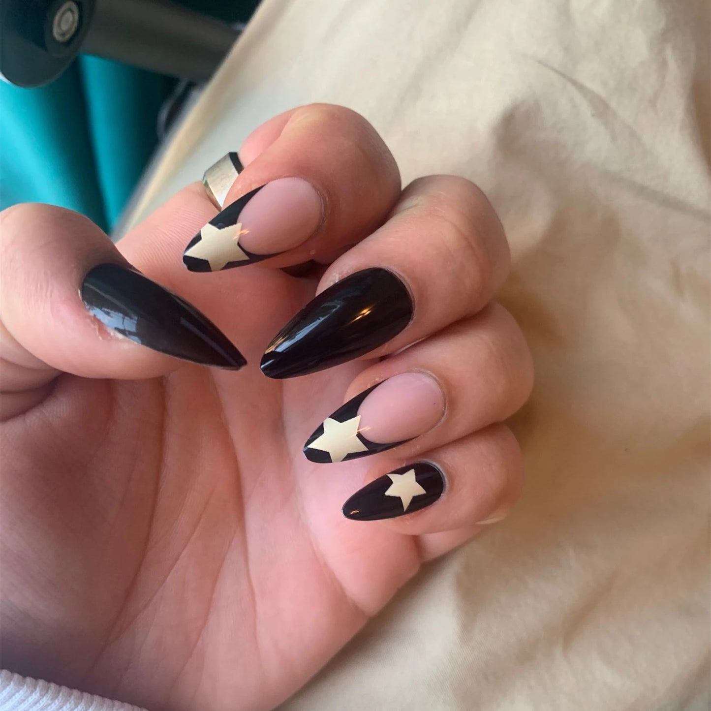 French White Tips Almond False Nails Y2K Black Star Designs Charm Fake Nail Full Cover Ballet Press on Nails Artificial Manicure