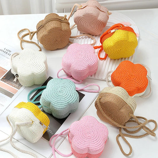 Handmade Kids Girls Shoulder Bag Flower Straw Baby Bags Messenger Bag Children Keys Coin Purse Cute Princess Mini Handbag