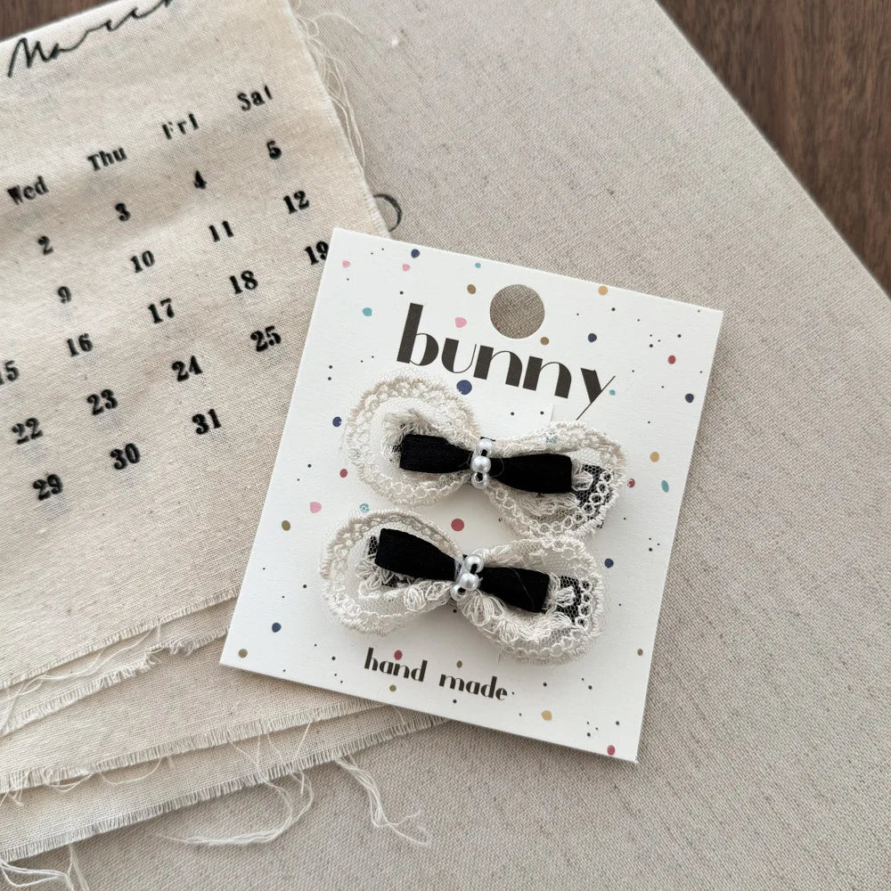 Cartoon Bear Cute Hairpins Baby Girl Black White Lace Barrettes Hair Clips Kawaii Bow Pearl Hair Clips for Kids Hair Accessories