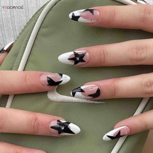 French White Tips Almond False Nails Y2K Black Star Designs Charm Fake Nail Full Cover Ballet Press on Nails Artificial Manicure