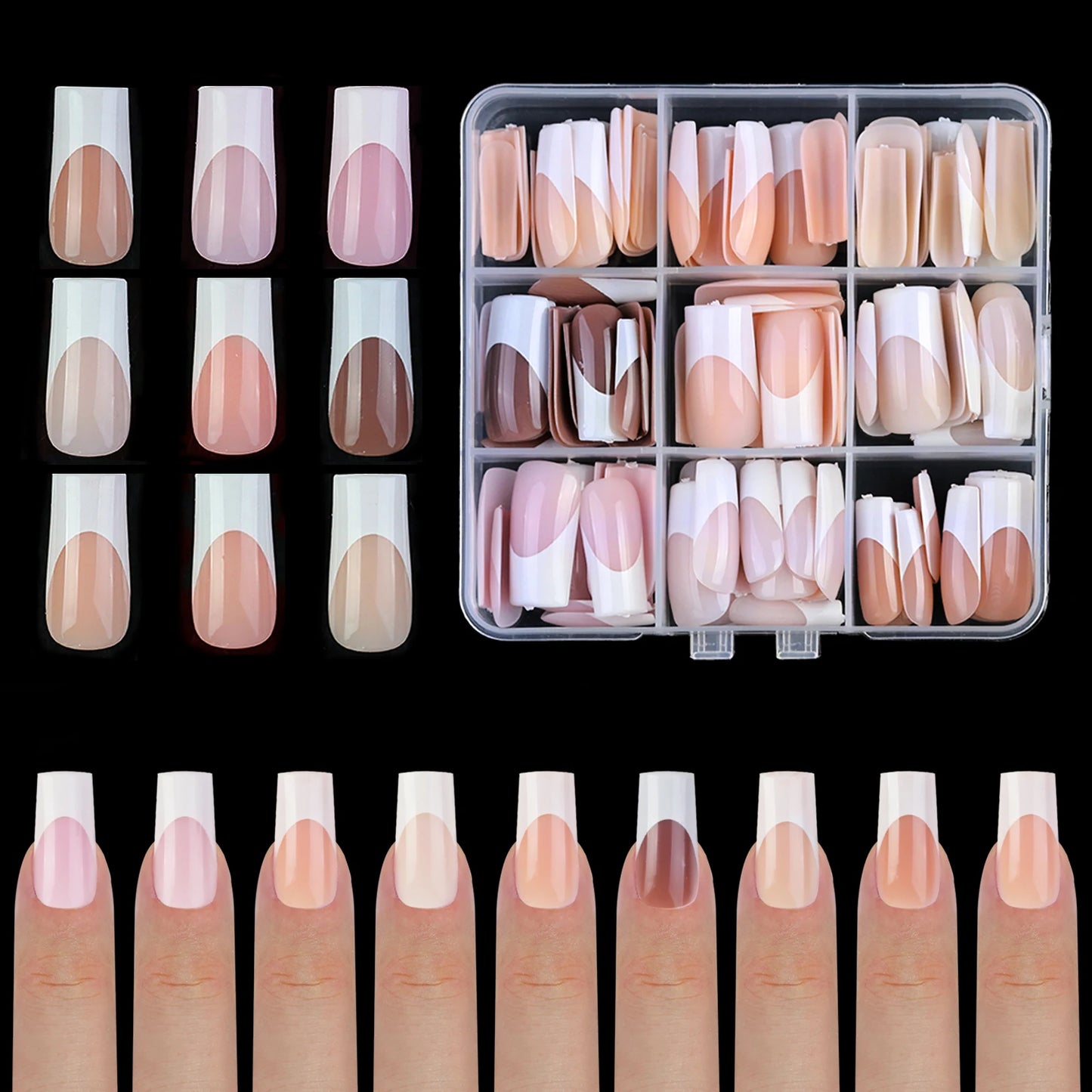 9 Palace lattice Almond Blend French Fake nails Simple Oval nude powder full cover press nails white edge Artificial removable