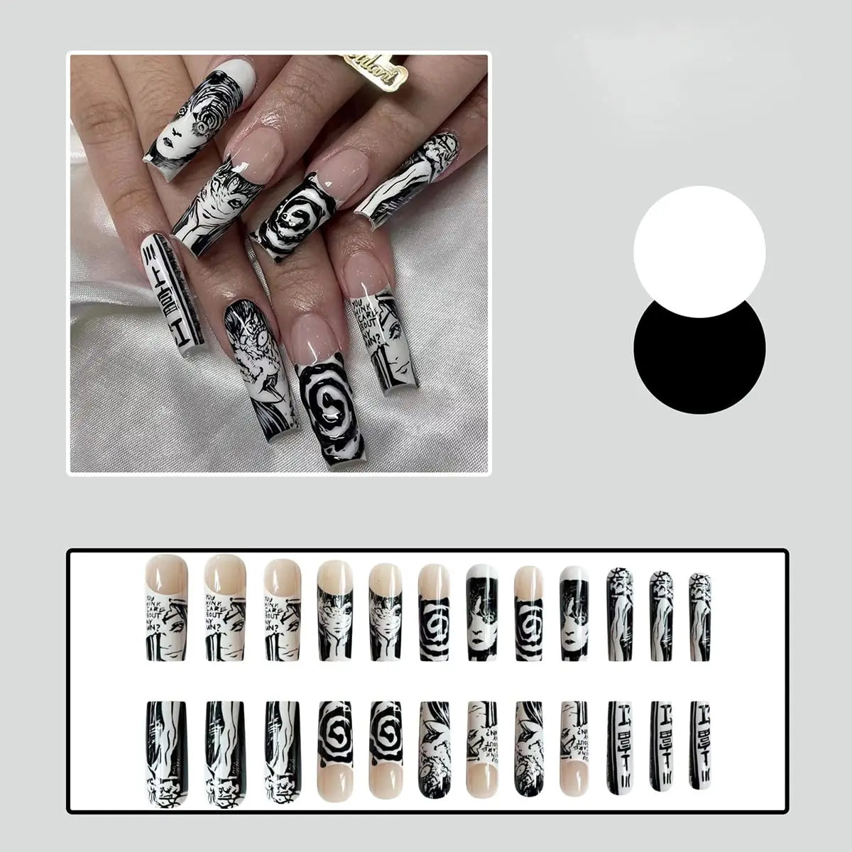 French Tips Press on Nails Long Fake Nails Black White Anime Comics Design Full Cover Punk Acrylic Artificial False Nails 24PCS