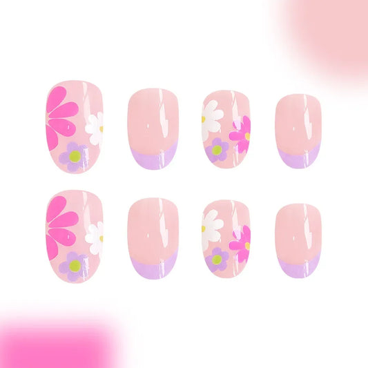 24pcs Pink Almond Short Press-On Nails Acrylic French Nail Sticker Flower Design Glossy Full Cover Artificial Nails Tips