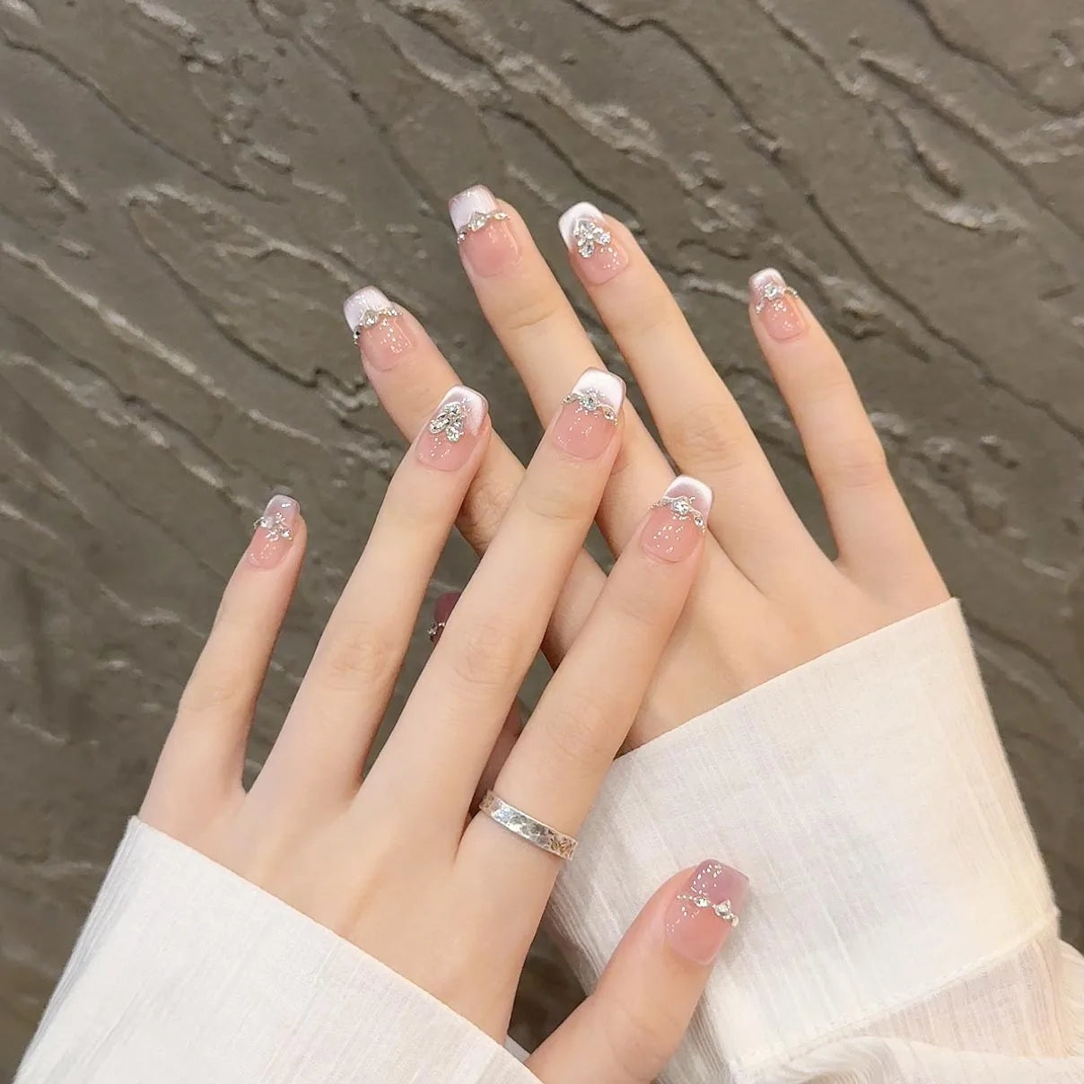 10pcs Cat Eye Handmade Press On Nails with Rhinestone Design False Nails Full Cover French Ballerina Wearable Artificial Nails