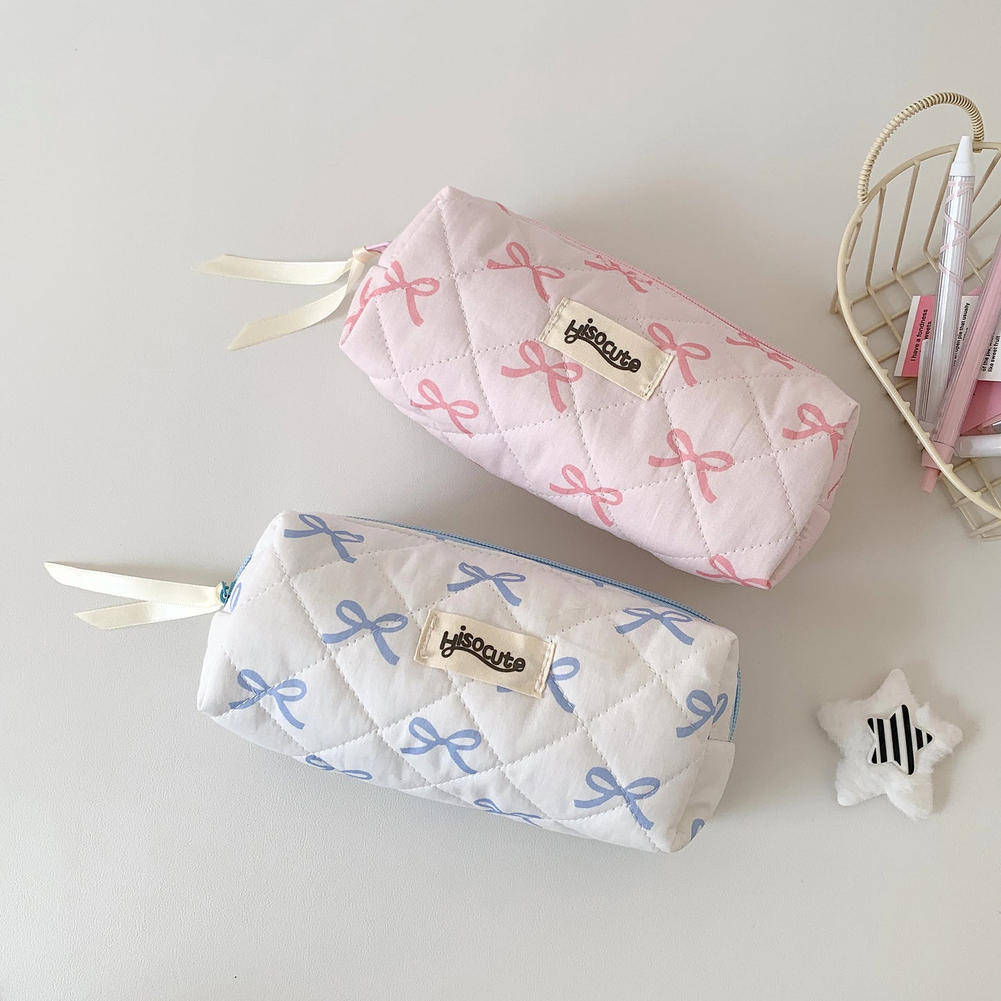 Sweet Girl Pencil Pouch Bow Ribbon Decoration Fabric Pencil Pouch School Stationery Organizer Kawaii Pencil Bag