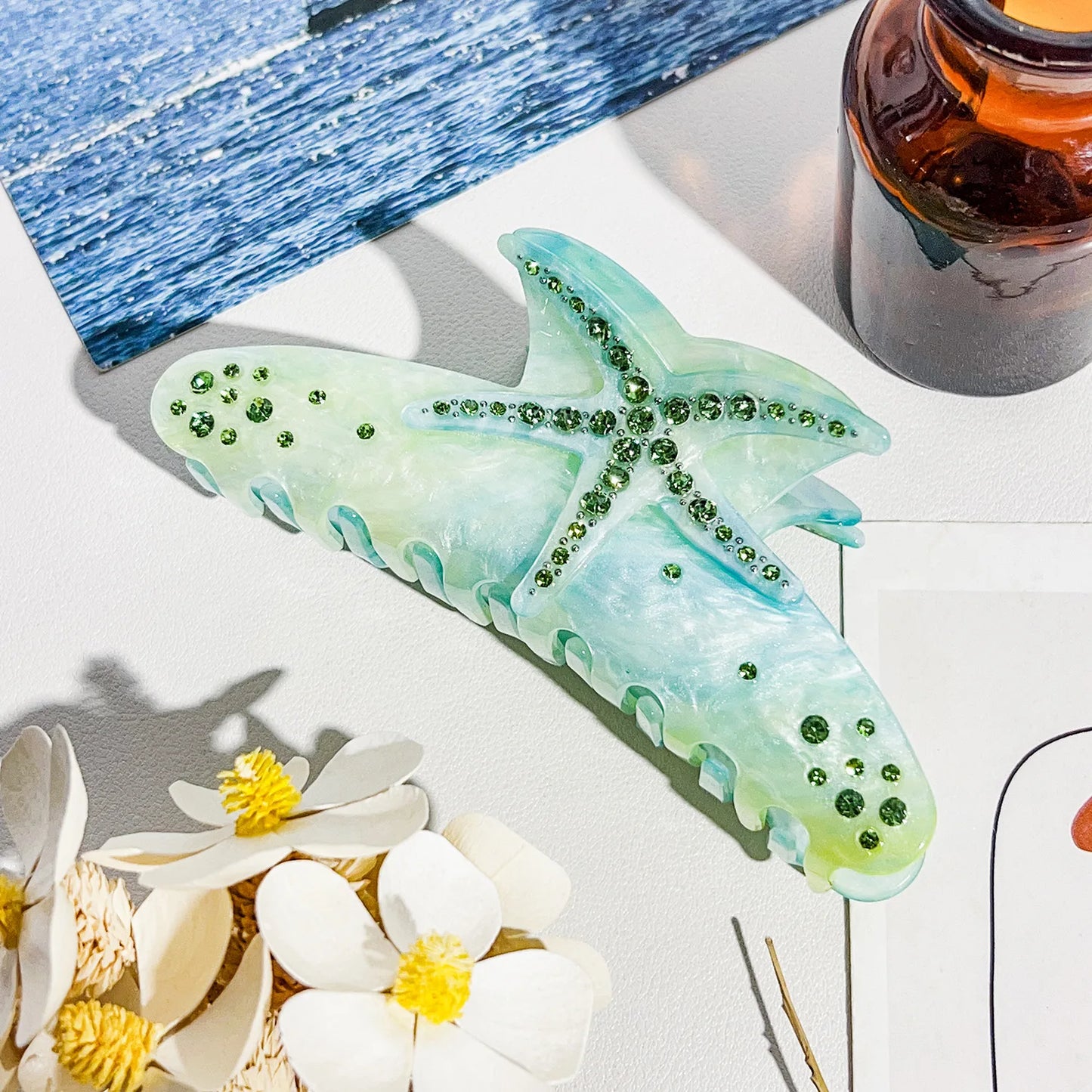 Hawaiian Style Hair Clips Summer Ocean Dopamine Crab Claw Shiny Siamond Starfish Ponytail Clips Sweet Korean Hair Accessories