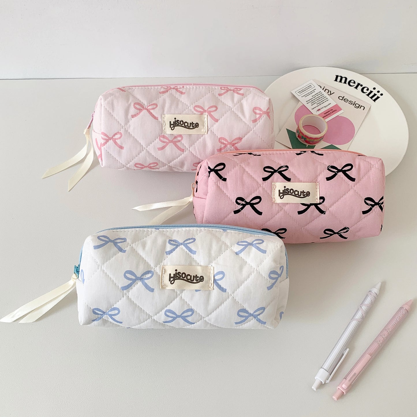 Sweet Girl Pencil Pouch Bow Ribbon Decoration Fabric Pencil Pouch School Stationery Organizer Kawaii Pencil Bag