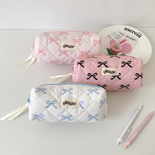 Sweet Girl Pencil Pouch Bow Ribbon Decoration Fabric Pencil Pouch School Stationery Organizer Kawaii Pencil Bag