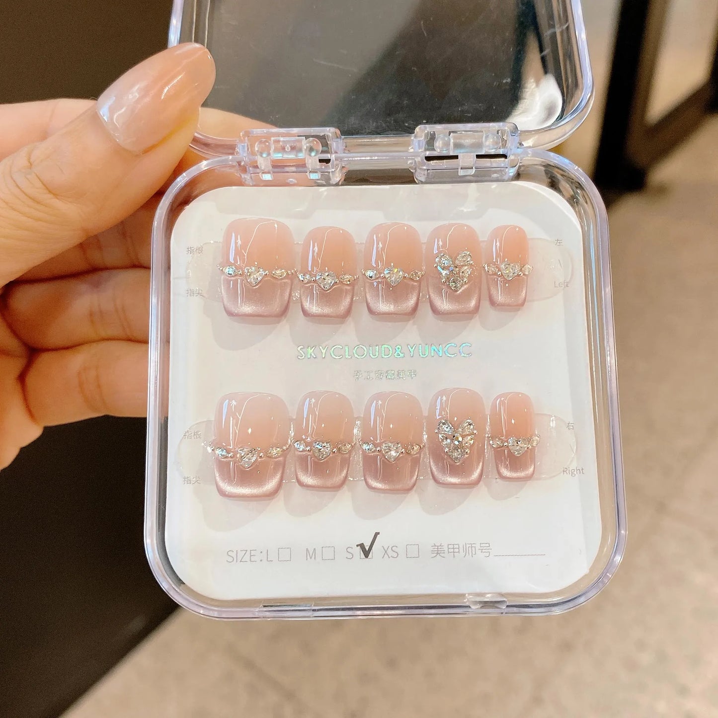 10pcs Cat Eye Handmade Press On Nails with Rhinestone Design False Nails Full Cover French Ballerina Wearable Artificial Nails