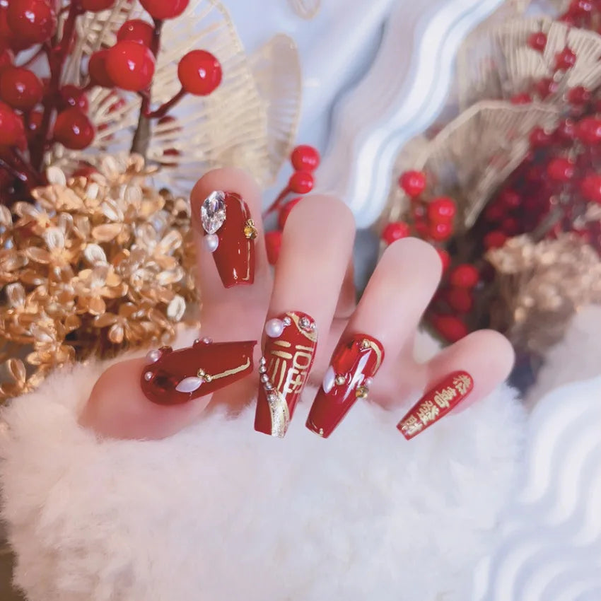 Red Fake Nails Press on Chinese Spring Festival False Nails Tips Square Long Ballerina Artificial Fingernail for Women Party Use