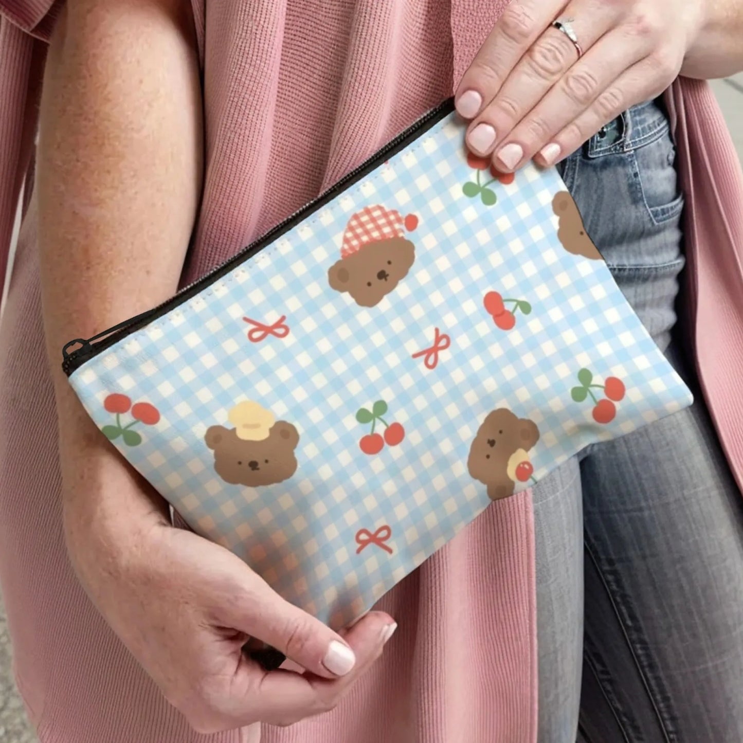 Girly Bear & Cherry Makeup Pouch with Blue Gingham Pattern Print  Cute Organizer for Lip Gloss & Small Beauty Items Ideal Gift