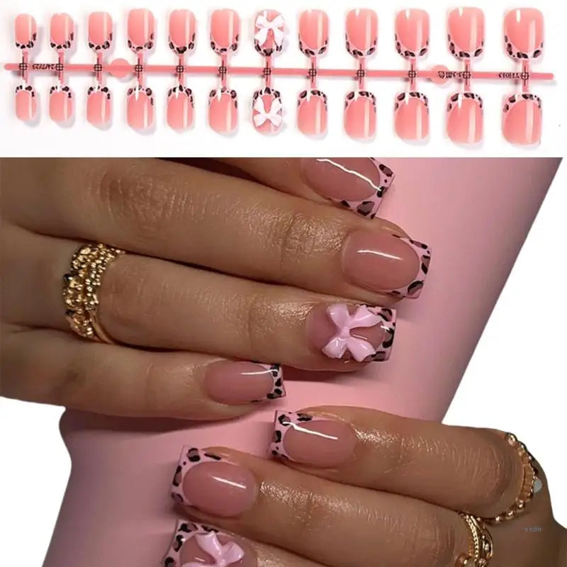Lovely Bows Artificial False Nails Full Cover Stick on Nails Press On Nails Leopard French Tip False Nails for Party