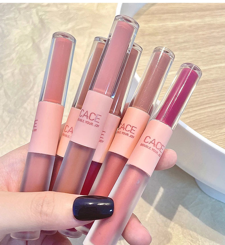 CACE Double Head Lip Gloss Sexy Red Lip Makeup Lip Mud Mirror Water Gloss Lip Glaze Matte Lipstick Waterproof Korean Cosmetics