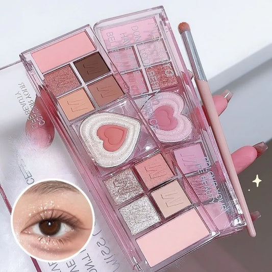Gliter Love Heart Pink Eyeshadow Palette Natural Cool Tone Low Saturation Eye Shadow Pallet Brown Korean Makeup Cosmetic