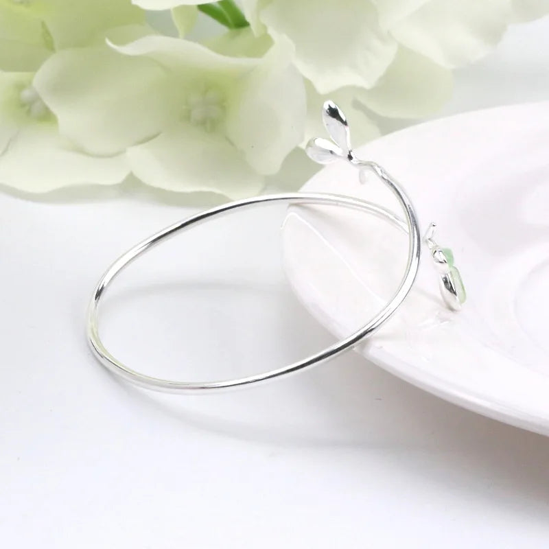 925 Sterling Silver Bracelet Bangle Simple Green Leaf Elegant Nature For Woman Girl Fashion Jewelry Gift Dropship Wholesale