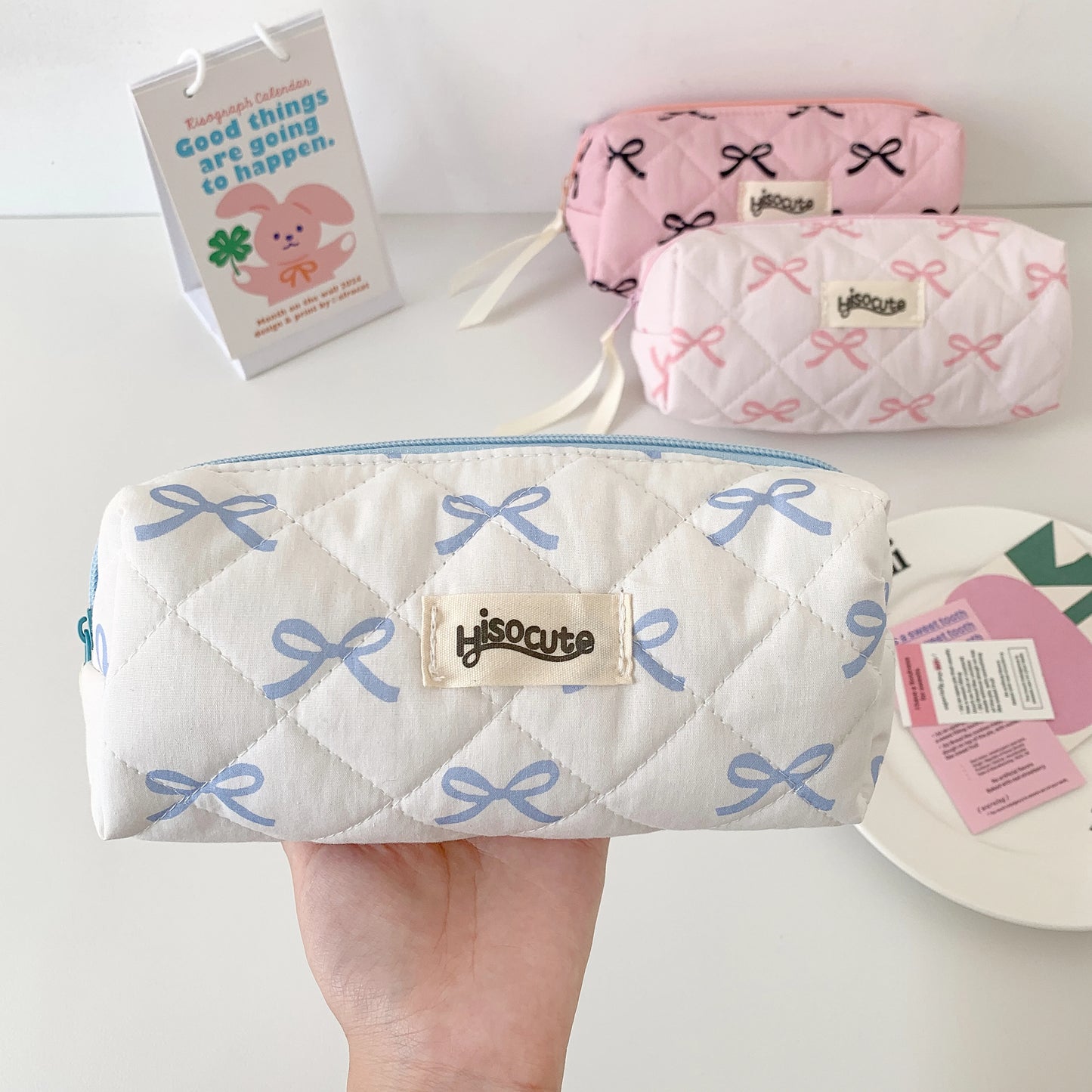 Sweet Girl Pencil Pouch Bow Ribbon Decoration Fabric Pencil Pouch School Stationery Organizer Kawaii Pencil Bag