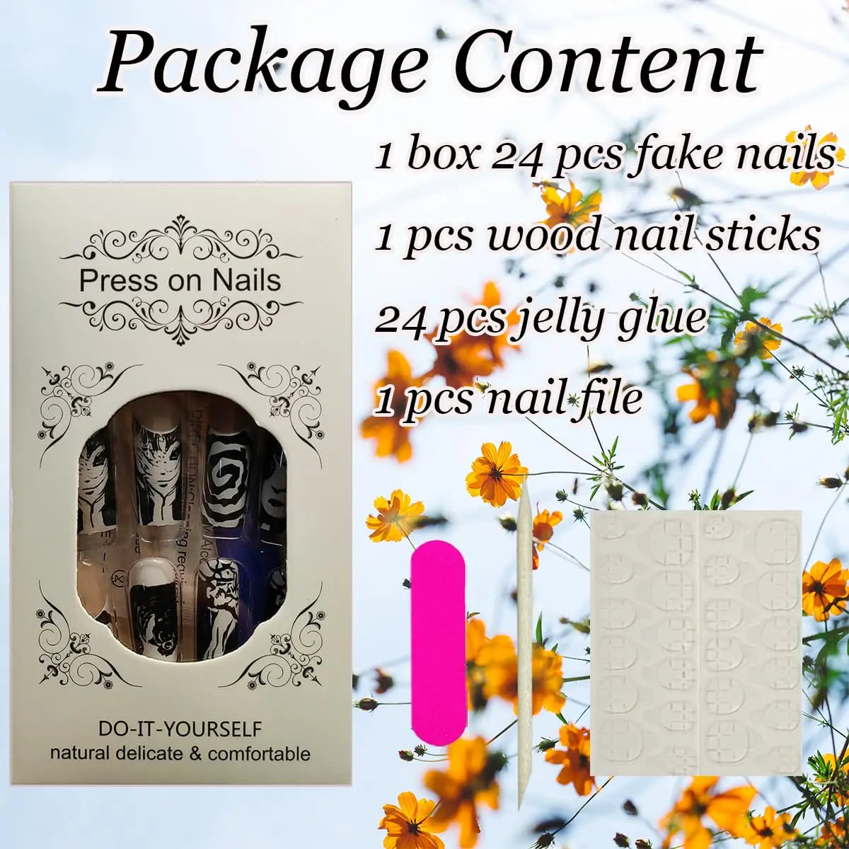 French Tips Press on Nails Long Fake Nails Black White Anime Comics Design Full Cover Punk Acrylic Artificial False Nails 24PCS