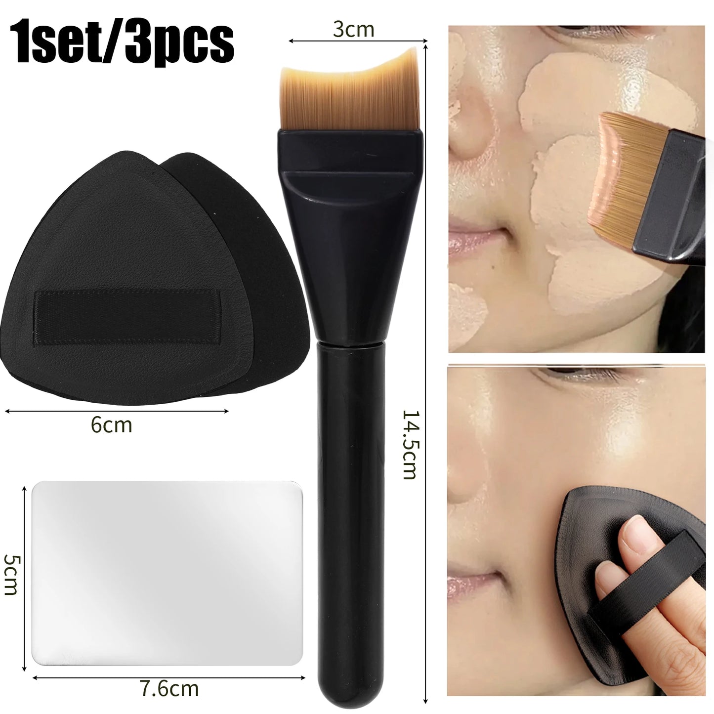 3pcs Foundation Makeup Tools Kit Concealer Brush Powder Puff and Cream Palette Portable Makeup Blending Tool for Travel Daily