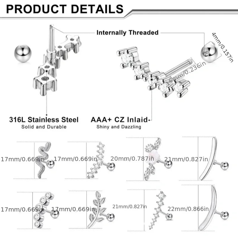 1Pc 16G Stainless Steel Screw Back Stud Earrings for Women Men, Fashion Cubic Zerconia Cartilage Conch Helix Ear Piercing Jewels