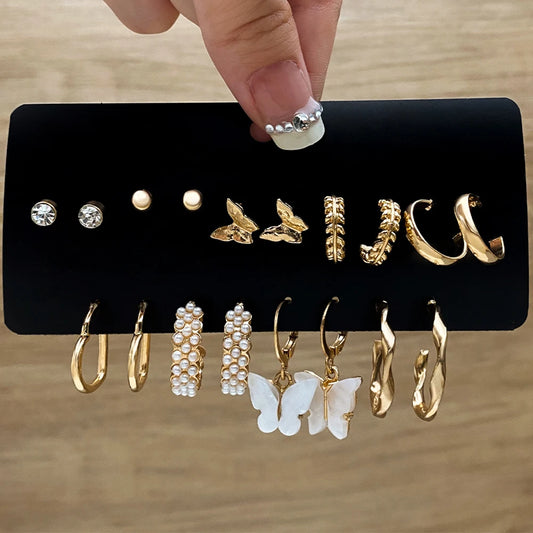 Fashion Gold Color Earrings Set Geometry Butterfly Pearl Earrings For Women Ear of wheat Simple Metal Round Party Jewelry 2022