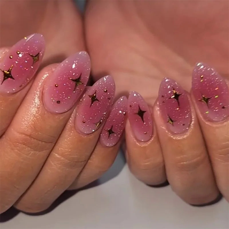 French Fake Nails Red Five-pointed Star False Nails Full Cover Press on Nail Tips y2k Nail Art Almond Artificial Nail Patches