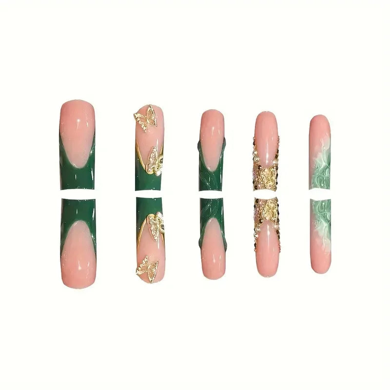 24Pcs Green French Fake Nails with Diamond Gold Butterfly False Nails Elegant Acrylic Artificial Nails Wearable Long Square Nail
