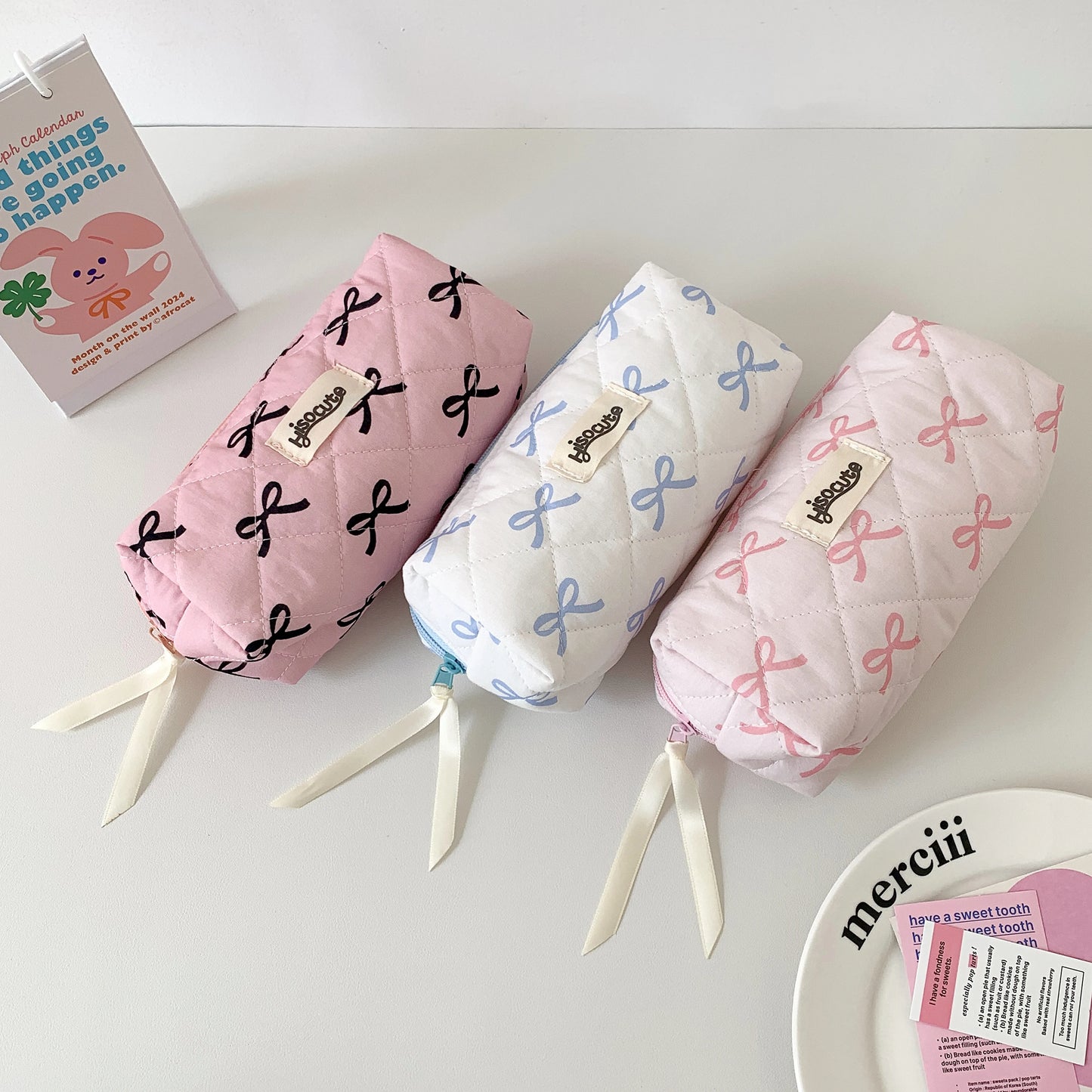Sweet Girl Pencil Pouch Bow Ribbon Decoration Fabric Pencil Pouch School Stationery Organizer Kawaii Pencil Bag