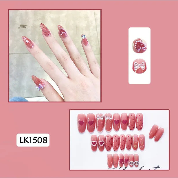Pink Fake Nails Press on Nail Designs Art Long Tips False Forms with Glue Stick Stickers Reusable Set Acrylic Artificial