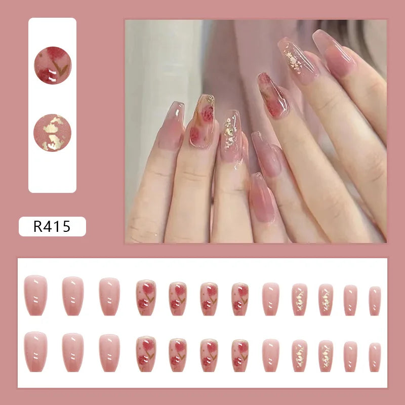 24PCS/Box 2022New Artificial Nails With Glue Milky White Pink Gradients Long Ballet Full Cover Acrylic Nail Stick Fake Nail Tips