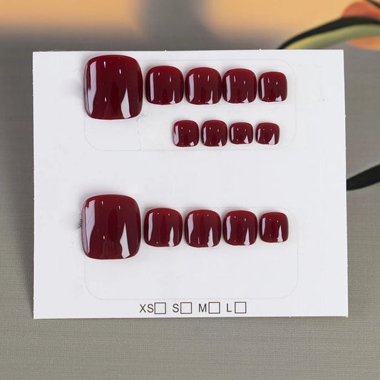 14pcs Handmade Vintage Wine Red False Toe Nails Press On Acyrlic Nails Square Fake Toenail Simple Short Artificial Nail Wearable