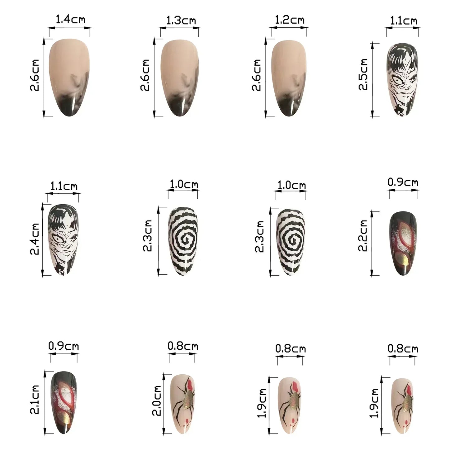 French Tips Press on Nails Long Fake Nails Black White Anime Comics Design Full Cover Punk Acrylic Artificial False Nails 24PCS