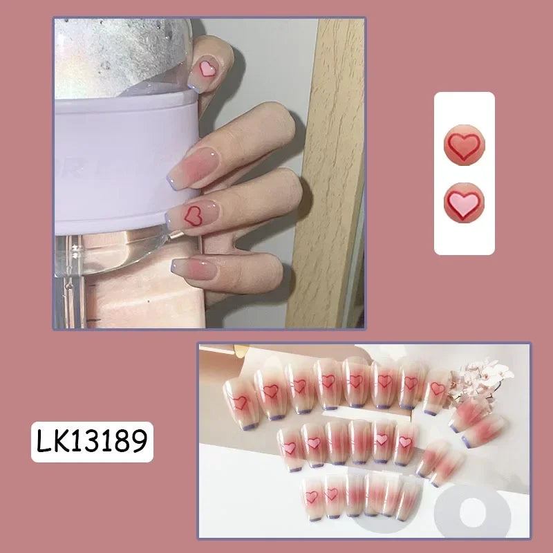 Pink Fake Nails Press on Nail Designs Art Long Tips False Forms with Glue Stick Stickers Reusable Set Acrylic Artificial