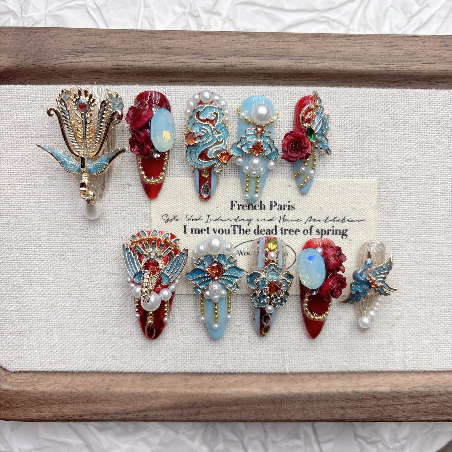 Long-Lasting Press-on Artificial Nails with Silk Flower & Electroplated Alloy Traditional Chinese Red Blue Nail Art for Hanfu