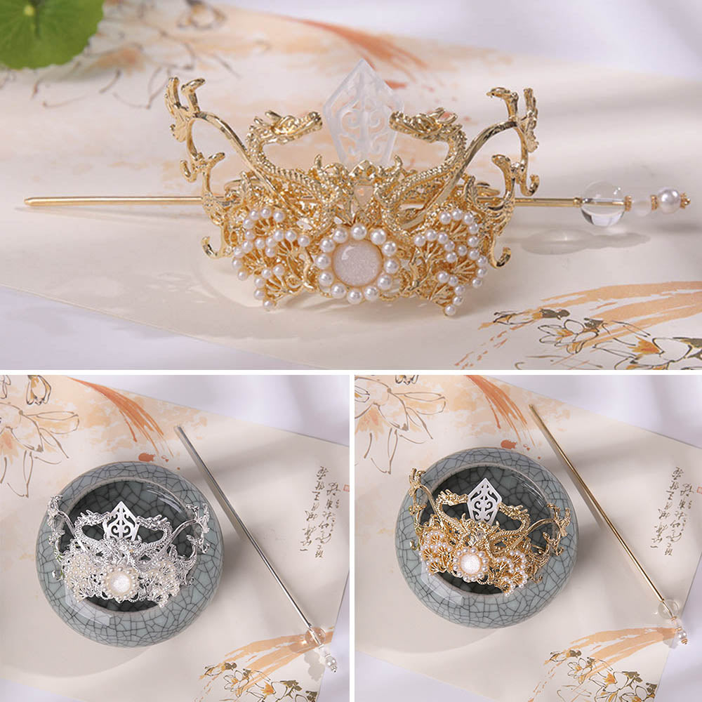 Chinese Hairpins Clips Retro Ponytail Bun Hair Holder Gold Silver Color Metal Pearls Crown Tiara for Women Men Long Hair Jewelry
