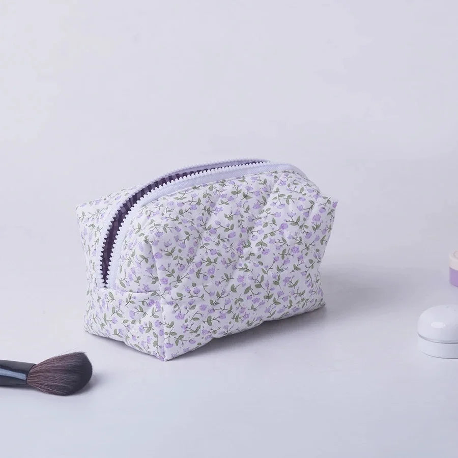 Storage Organizer Floral Puffy Quilted Makeup Bag Flower Printed Cosmetic Pouch Large Travel Cosmetic Bag Makeup Accessory