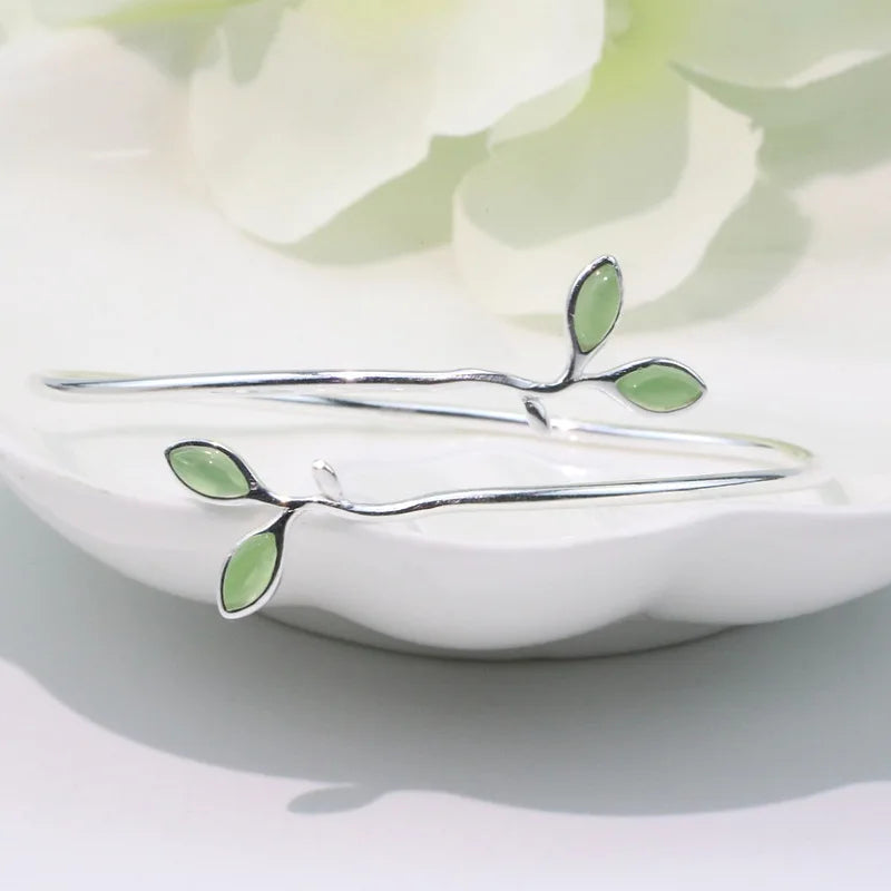 925 Sterling Silver Bracelet Bangle Simple Green Leaf Elegant Nature For Woman Girl Fashion Jewelry Gift Dropship Wholesale