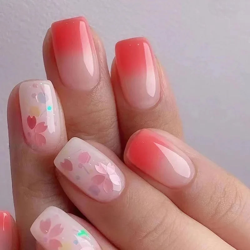 24pcs Pink Almond Short Press-On Nails Acrylic French Nail Sticker Flower Design Glossy Full Cover Artificial Nails Tips