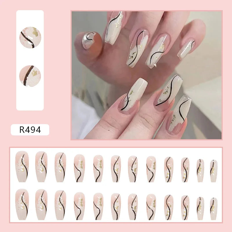 24PCS/Box 2022New Artificial Nails With Glue Milky White Pink Gradients Long Ballet Full Cover Acrylic Nail Stick Fake Nail Tips