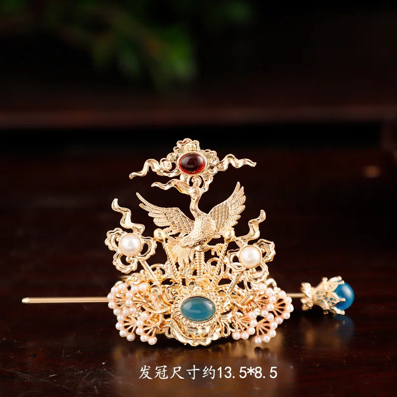 Chinese Hairpins Clips Retro Ponytail Bun Hair Holder Gold Silver Color Metal Pearls Crown Tiara for Women Men Long Hair Jewelry