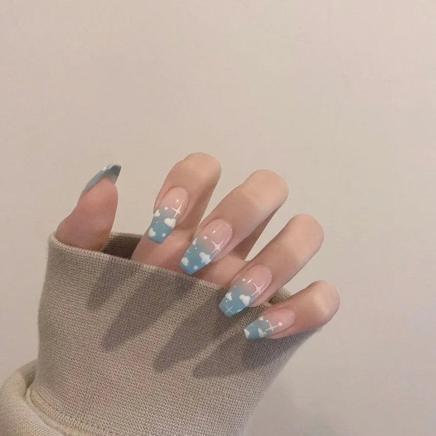 24PCS/Box 2022New Artificial Nails With Glue Milky White Pink Gradients Long Ballet Full Cover Acrylic Nail Stick Fake Nail Tips