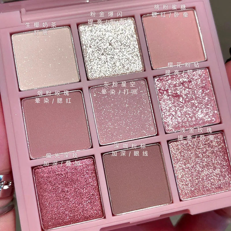 9 Color Eyeshadow Palette Rose Pink Earth Color Pearly Matte Milk Tea Glitter Eye Shadow Makeup Lasting Korean Cosmetic Set