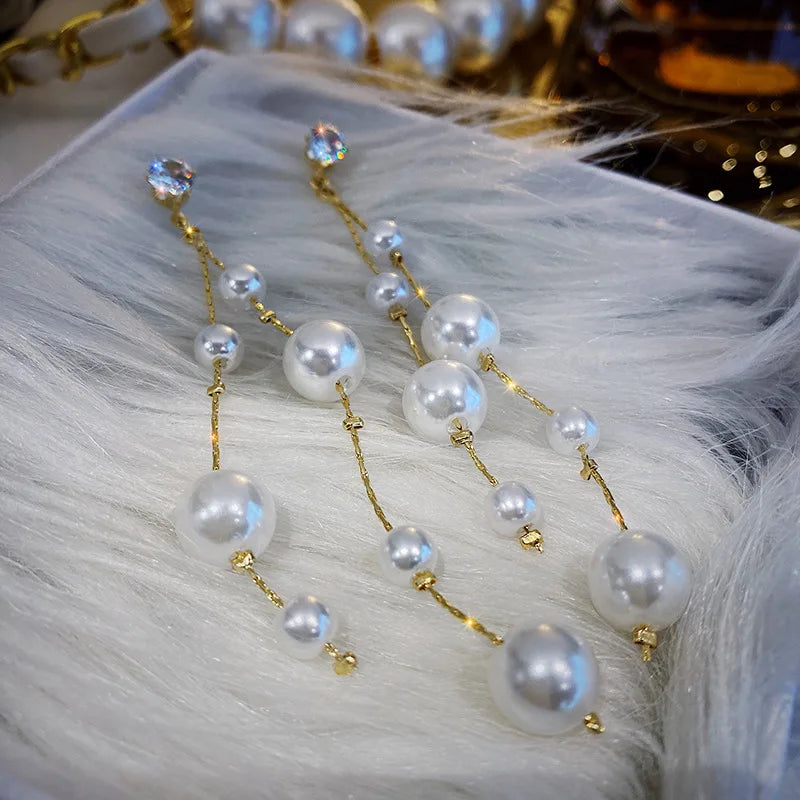 Long Earrings Elegant Pearl Tassel Earrings for Women Crystal Drop Earrings Korean Fashion Dangle Earrings Wedding Party Jewelry