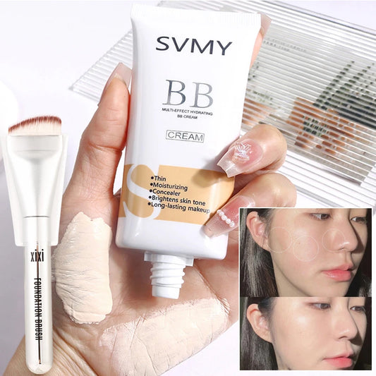 Hydrating Foundation With Brush Korean Makeup Base Waterproof Ivory White Natural Brighten Skin Full Coverage Concealer BB Cream
